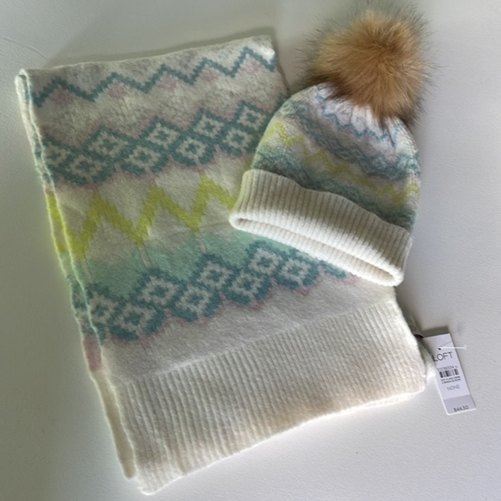 NWT LOFT Fair Isle Wool Blend Hat and Scarf So Soft Ivory Blue Pink Yellow